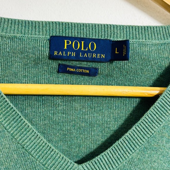 Polo Ralph Lauren Mens Green Pima Cotton V-Neck Sweater Pony Logo Sz Large - Picture 4 of 6